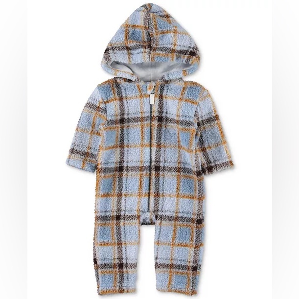 NWT Chickpea Baby Sherpa Plaid Zip Front Hooded Coverall blue & brown plaid 12mo